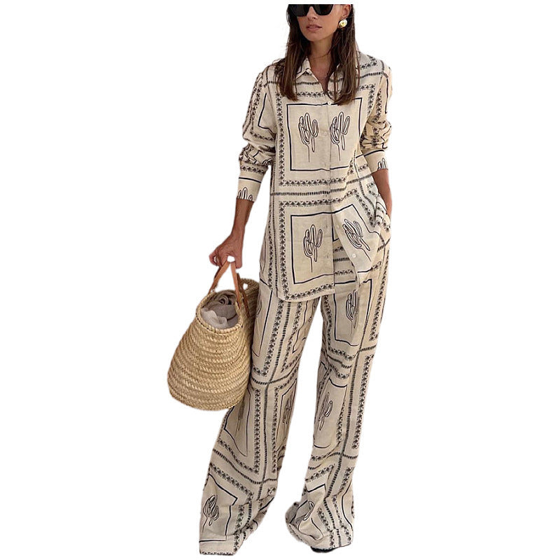 2-teiliges Damen-Set mit geometrischem Print: Shirt und Hose mit weitem Bein