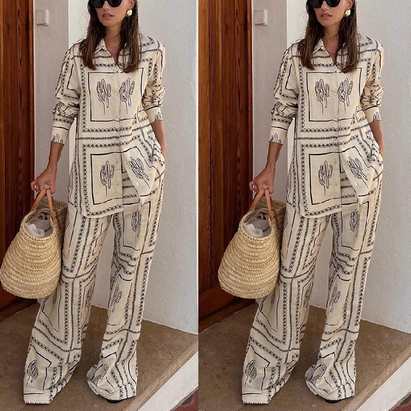 2-teiliges Damen-Set mit geometrischem Print: Shirt und Hose mit weitem Bein
