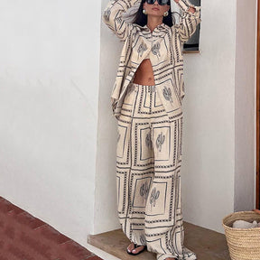 2-teiliges Damen-Set mit geometrischem Print: Shirt und Hose mit weitem Bein