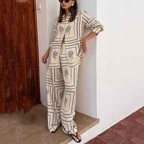 2-teiliges Damen-Set mit geometrischem Print: Shirt und Hose mit weitem Bein