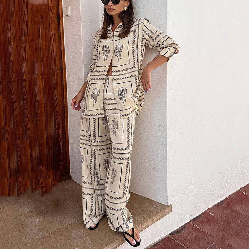2-teiliges Damen-Set mit geometrischem Print: Shirt und Hose mit weitem Bein